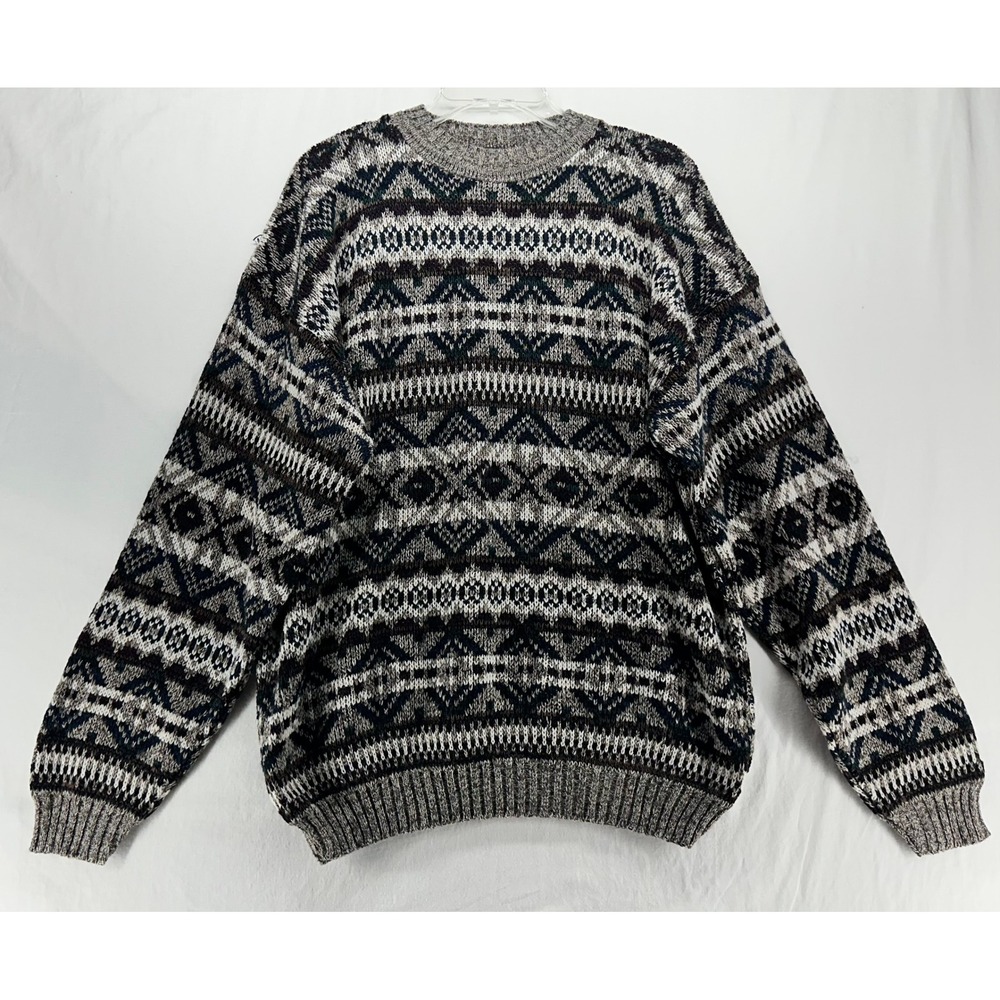 David Taylor Vintage Men Large Fair Isle Geometric Knit Sweater Grey Made in USA